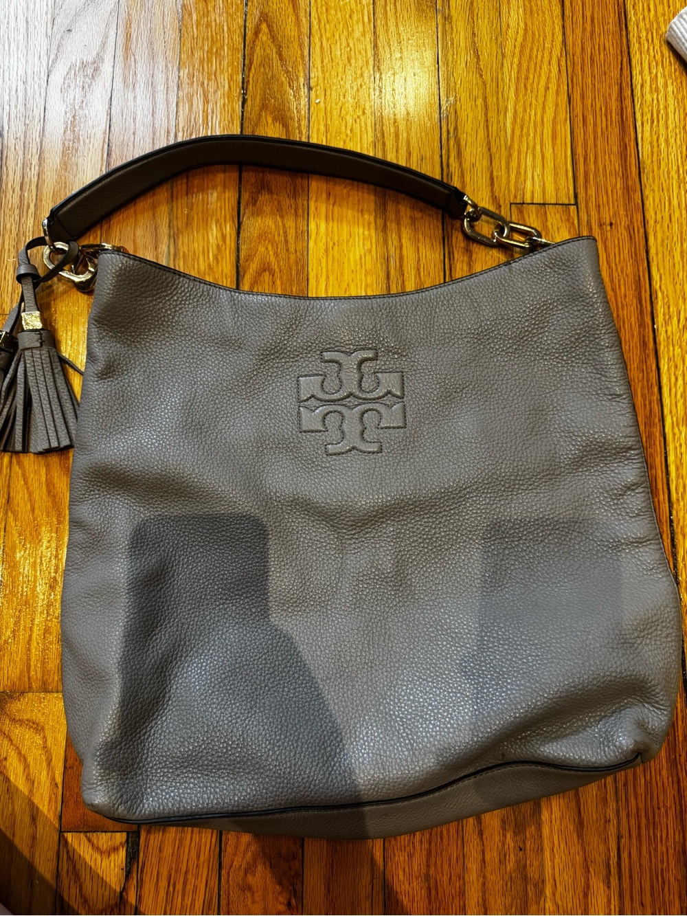 Vintage Tory Burch Gray Pebbled Leather Shoulder Hobo with Tassel